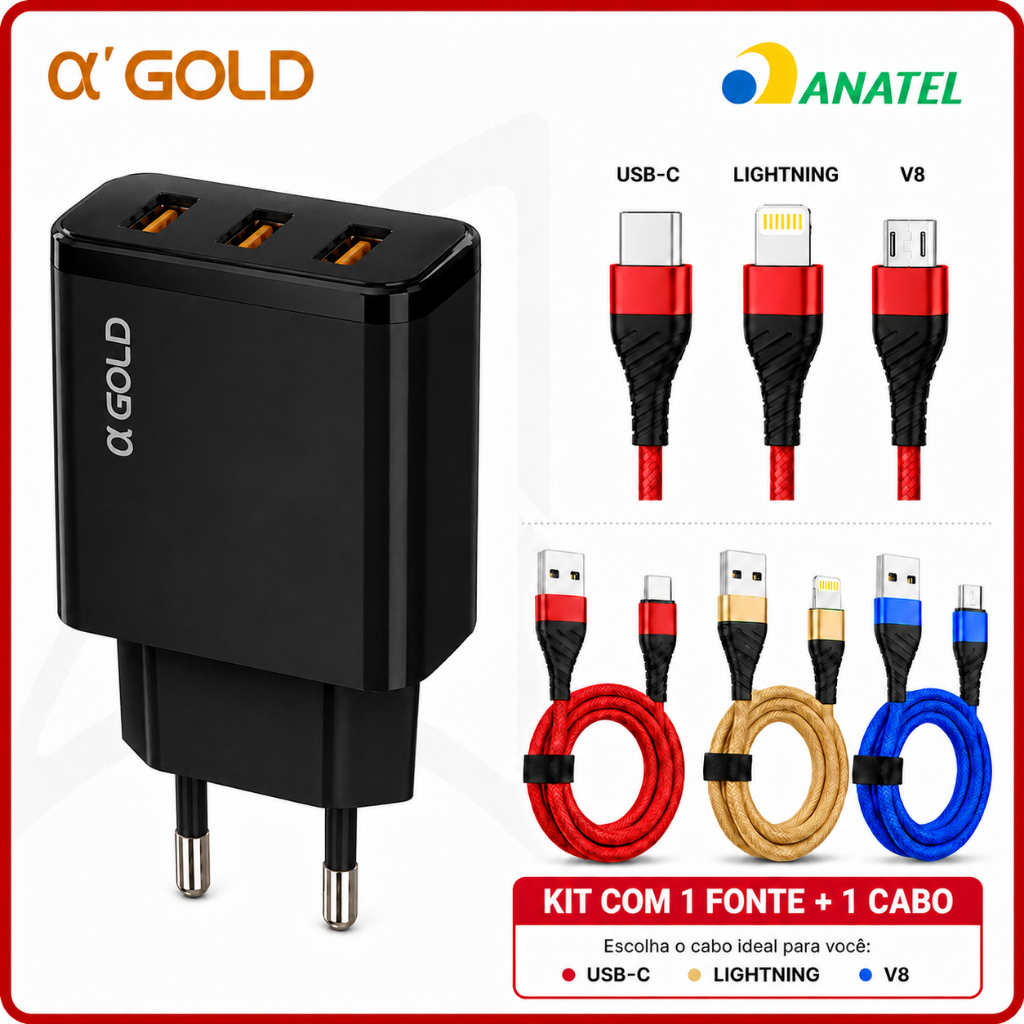 Carregador Celular Fonte USB 3 Entradas Com Cabo Carregador 2 Metros iPhone Android V8 Tipo C
