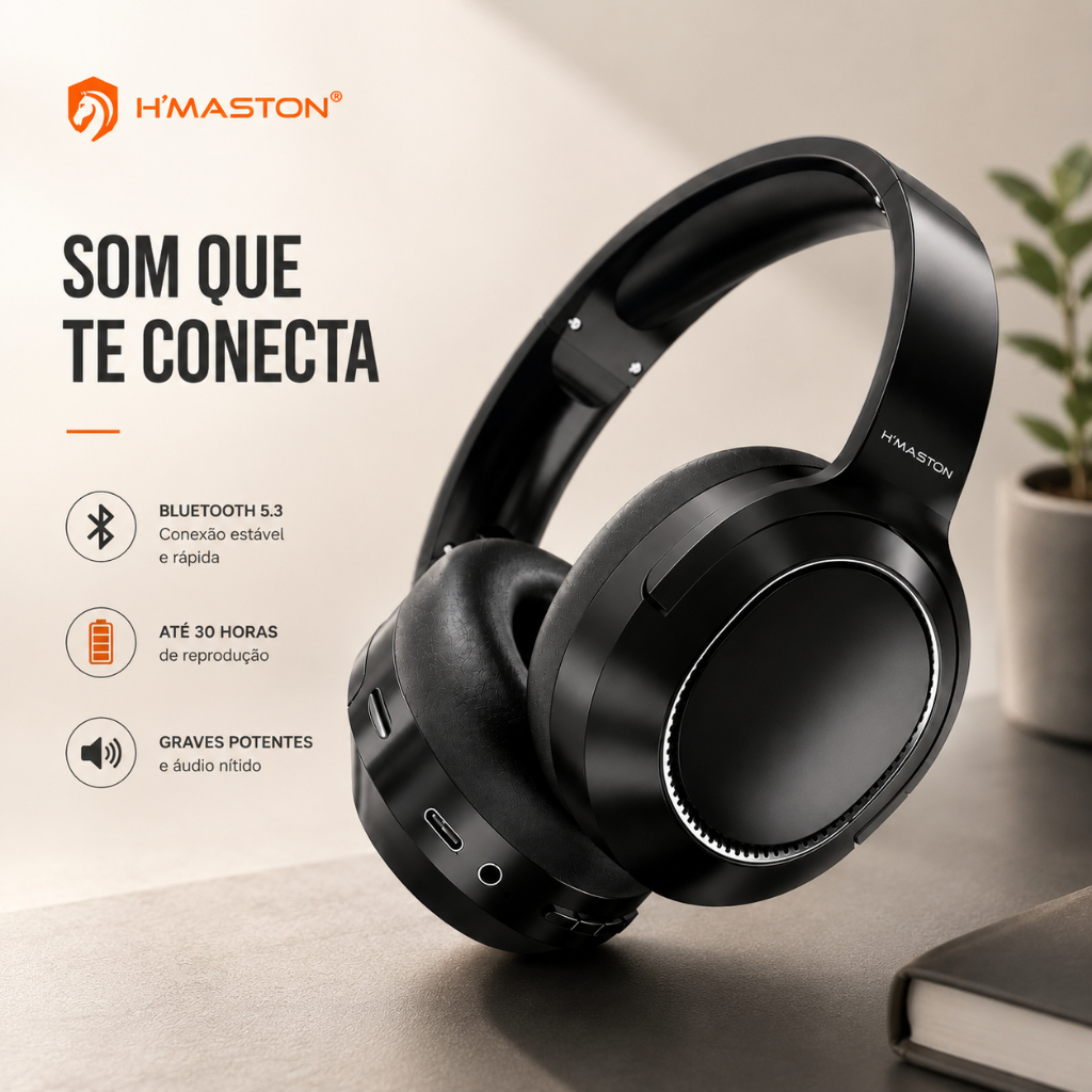 Fone Bluetooth H'Maston SN15 Headphone Sem Fio Over Ear Bluetooth 5.3 Microfone Super Bass Android iPhone