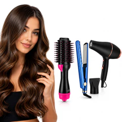 Kit Prancha Chapinha Nano Titanium + Secador de Cabelo + Escova Secadora Alisadora Oval 110V