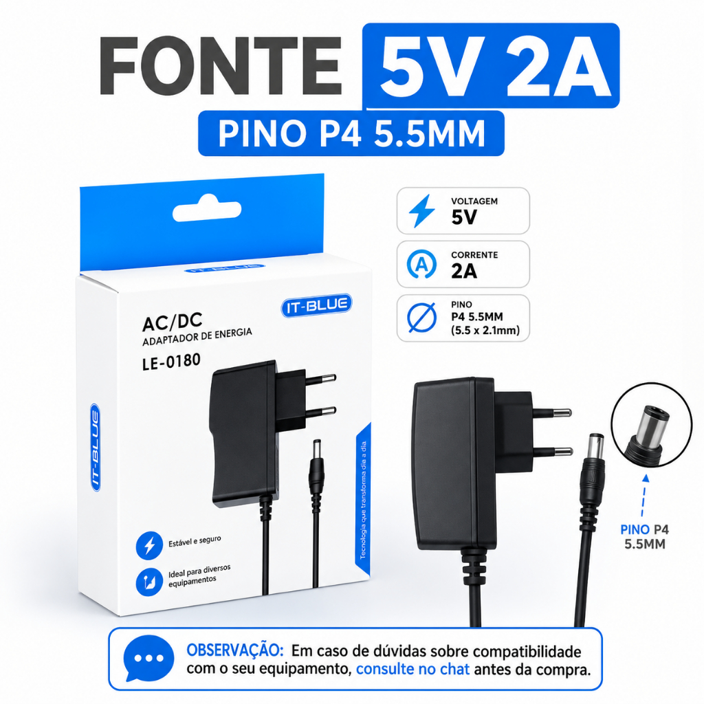 Fonte Alimentação 5V 2A Plug P4 Bivolt Para Box Tv Receptor TV Conversor