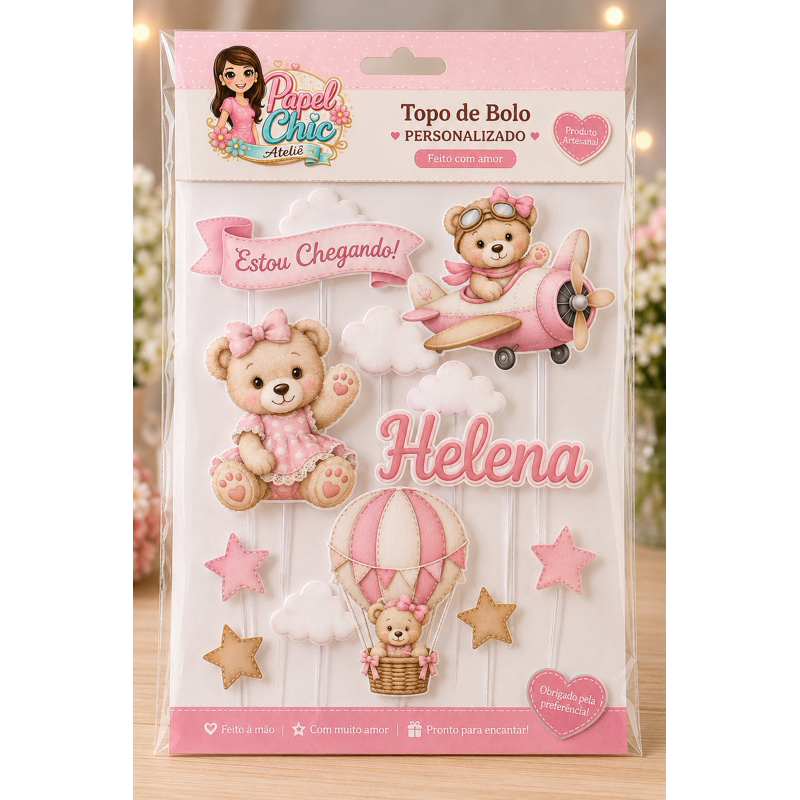 Kit Topo de Bolo Ursinho Balão rosa Chá de Bebê Personalizado