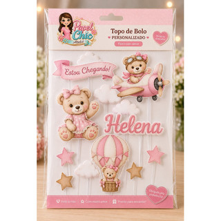 Kit Topo de Bolo Ursinho Balão rosa Chá de Bebê Personalizado
