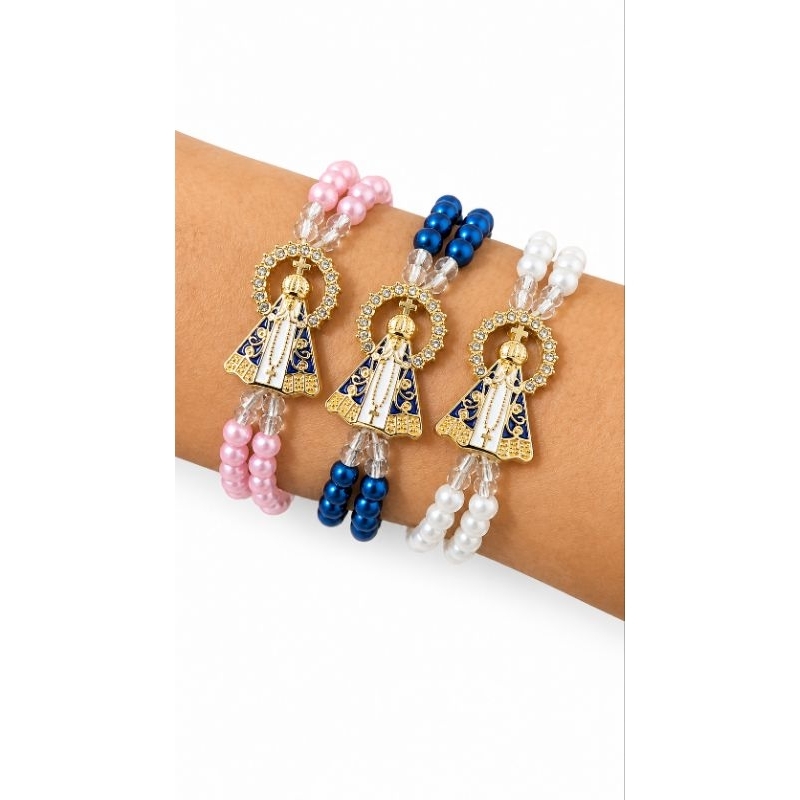 Terço Pulso Nossa  Senhora Aparecida RESPLENDOR Perola Artesanal Religioso Acessório Católico Devoção