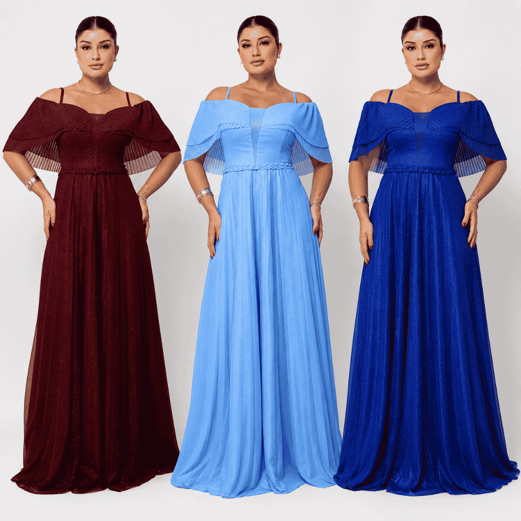 Vestido de Festa Longo Babado Ombro a Ombro Alça Fina Madrinha Casamento Formatura