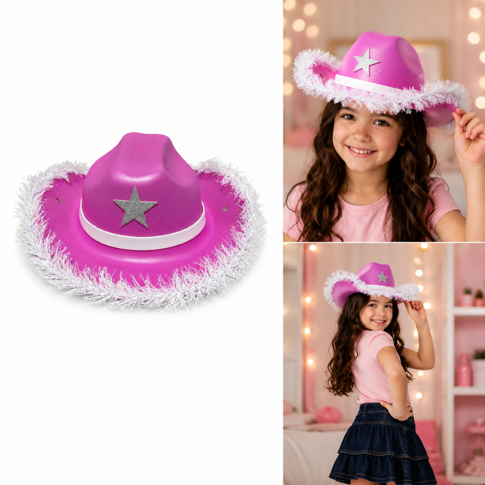 Chapéu Cowboy Rosa Infantil Boiadeira EVA C/ Franja Branca Festa Fantasia Country