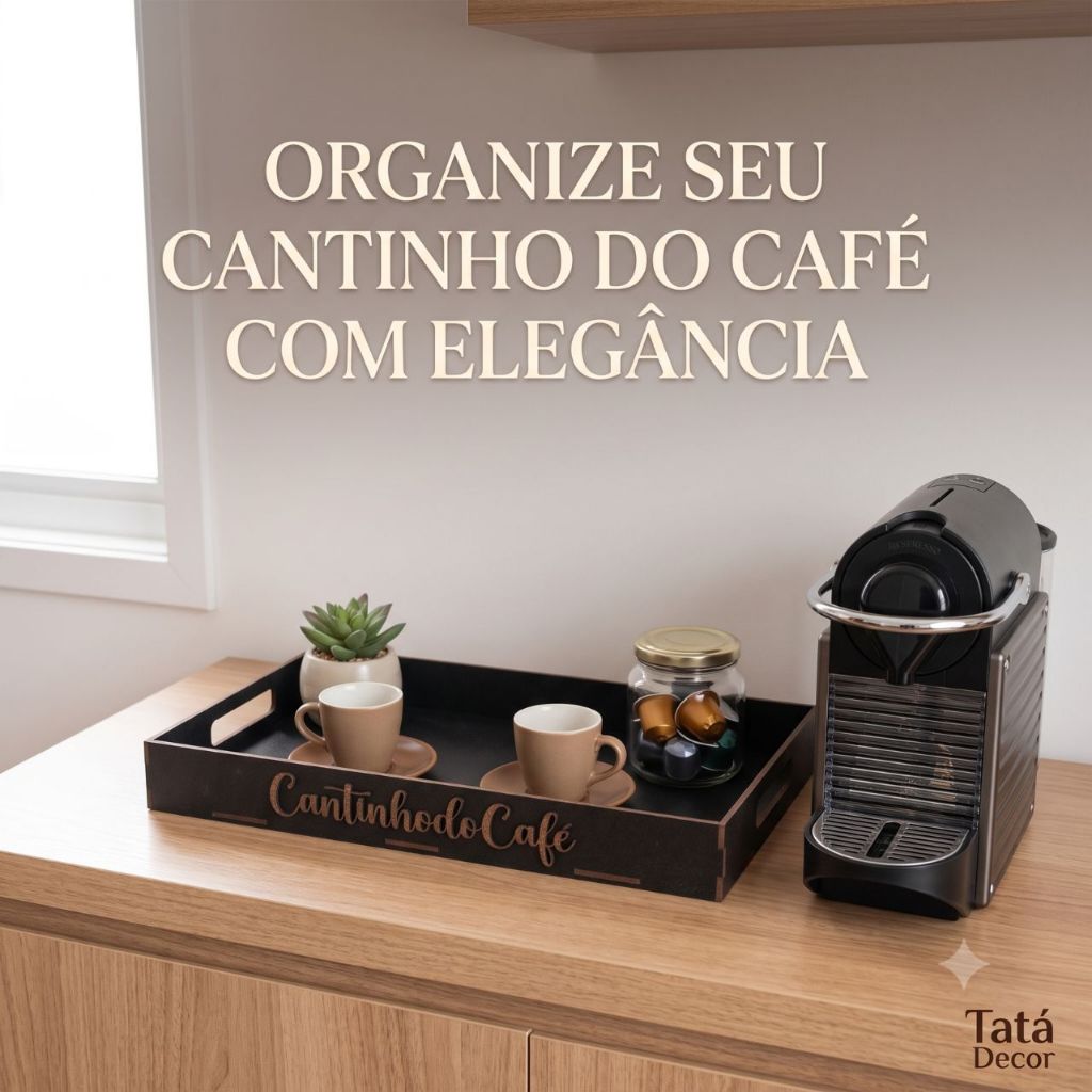 Bandeja Cantinho Do Café MDF Com Alça 40x20 Decorativa Organizadora Cozinha Mesa Sala Preta Lisa Ou Personalizada Luxo