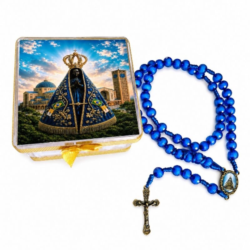 Kit Terço Nossa Senhora Aparecida Azul com Caixinha Decorada | Presente Religioso Católico | Lembrança de Fé