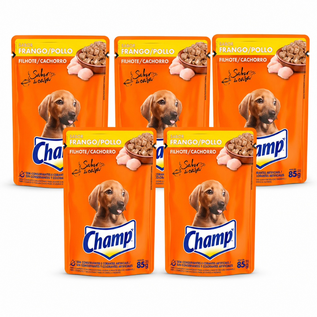 Kit 5 Ração Úmida Champ Sachê Cães Filhote Sabor Frango 85g