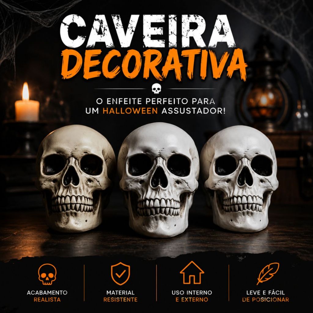 Crânio Decorativo Halloween Realista Unidade em PVC Caveira para Festa Enfeite Festas Duhome