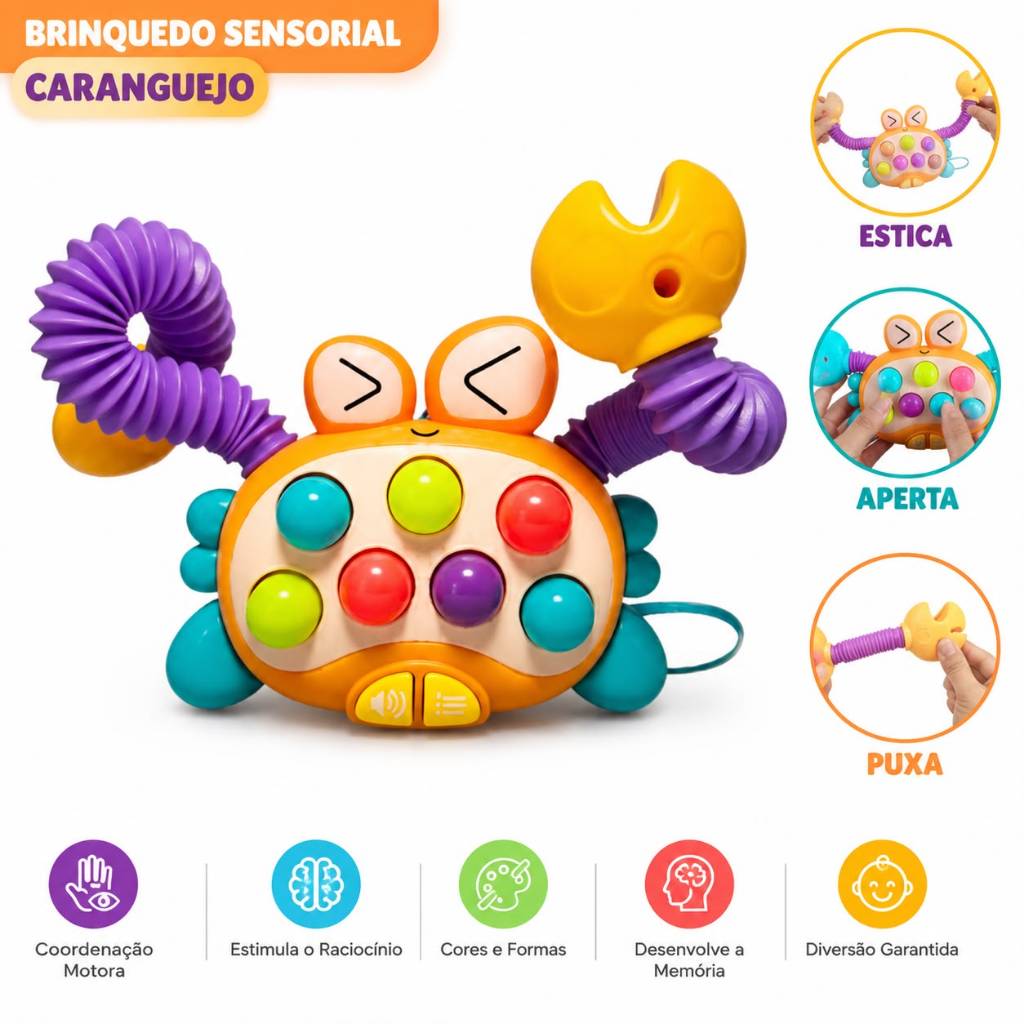 Caranguejo Pop It Sensorial Bebê Brinquedo Educativo Jogo Memória Estica e Puxa com Led, Luz e Som — imagem 2 de 2