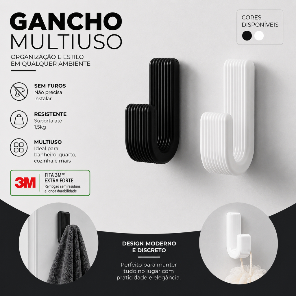 Gancho de parede adesivo 3M Extra Forte Até 1,5kg Sem Furo, Multiuso