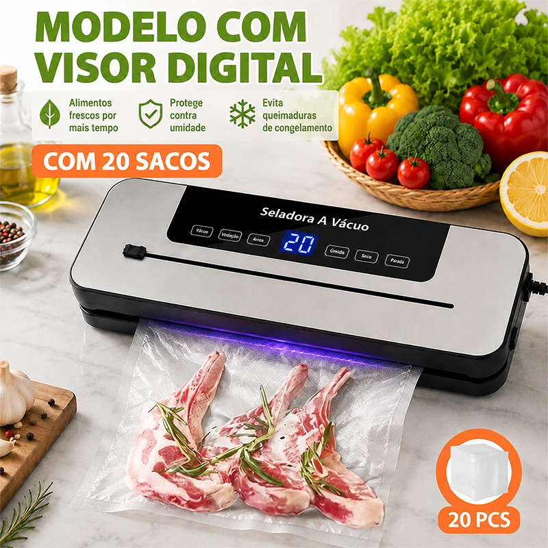Seladora A Vácuo Selo Seco/úmido 6 Modos Com Cortador E 20 Sacos 30cm