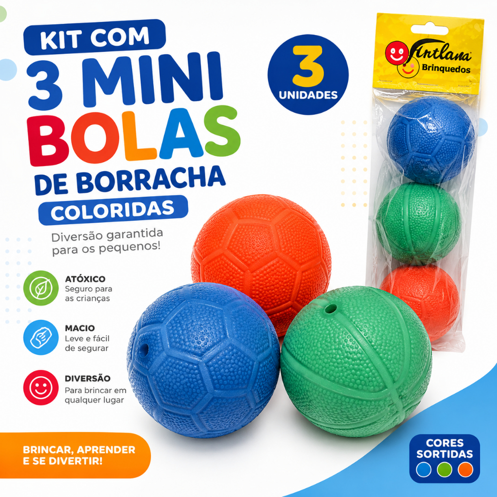Kit 3 Mini Bolas de Borracha Coloridas Infantil Brinquedo Criança 10cm