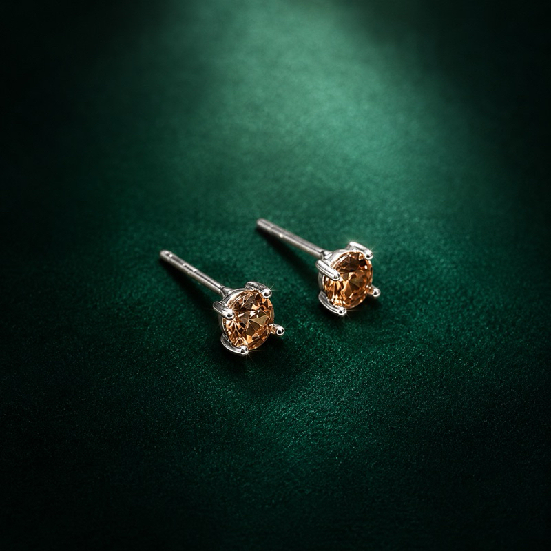 Brinco Zircônia Redonda Citrino 4mm em Prata 925 Delicado e Elegante