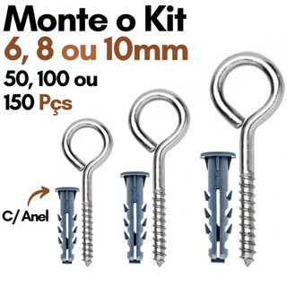 Kit Pitão e Bucha com Anel 6 8 10 Kit 50 100 200 Gancho Fechado Kit Pitao Zincado com Bucha Fixação