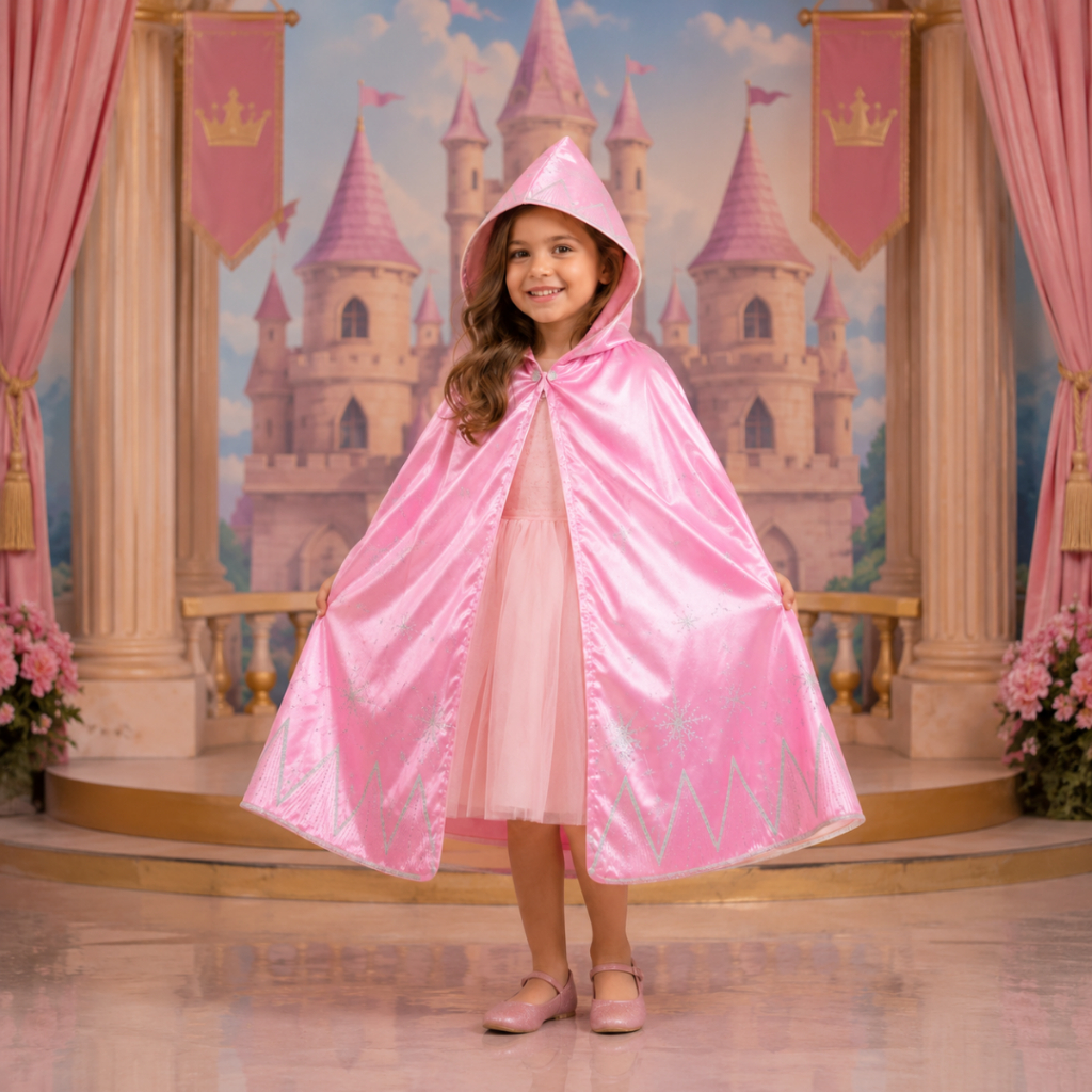 Capa Infantil Princesa Rosa Glitter Rapunzel Realeza com Capuz Barbie Meninas Lantejoulas Elsa Frozen Aurora Aniversário