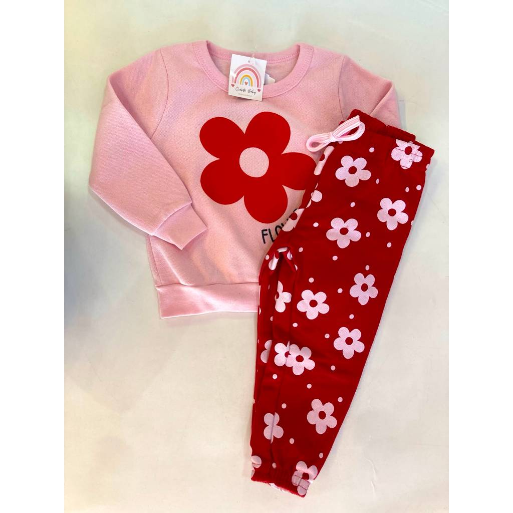 Conjunto Inverno Menina Floral Infantil Moletom Calça Roupa de Frio Estampada Flor Confortável