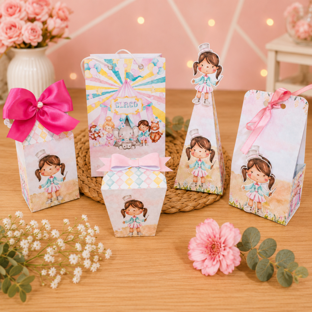 Kit Festa Personalizado Circo Rosa Pegue e Monte - Lembrancinha - Festa Infantil - Caixinha Personalizada