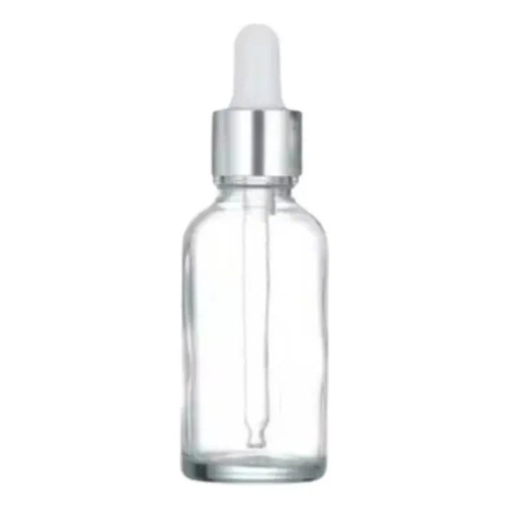 10 Frascos Transp. Conta-gotas Prateado Bulbo Branco - 30ml