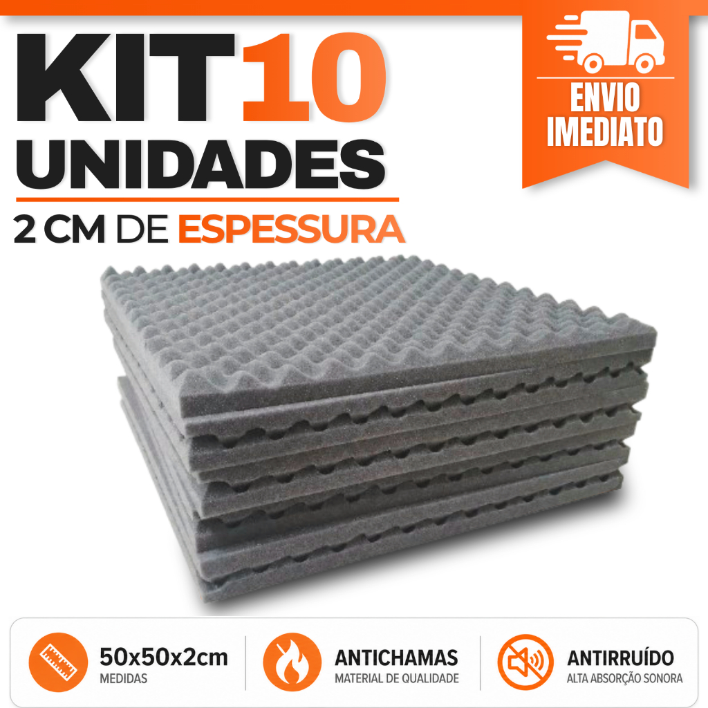 Espuma Acústica Kit 10 Placas 50x50x2 Isolamento Acústico Antichama Parede Teto
