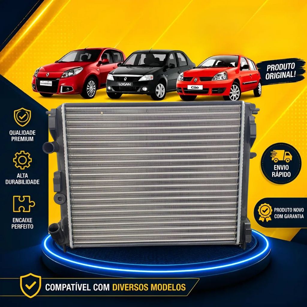 Radiador Água Renault Clio 1999 a 2009 Logan Sandero 2007 a 2012 Manual C/Ar 1.0