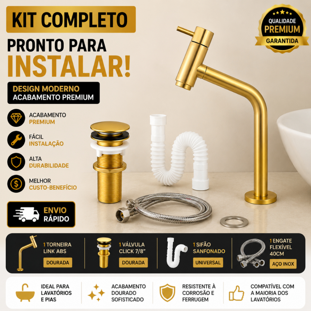 Kit Torneira Banheiro Dourada Premium + Válvula Click + Sifão Sanfonado + Engate Flexível 40cm Completo