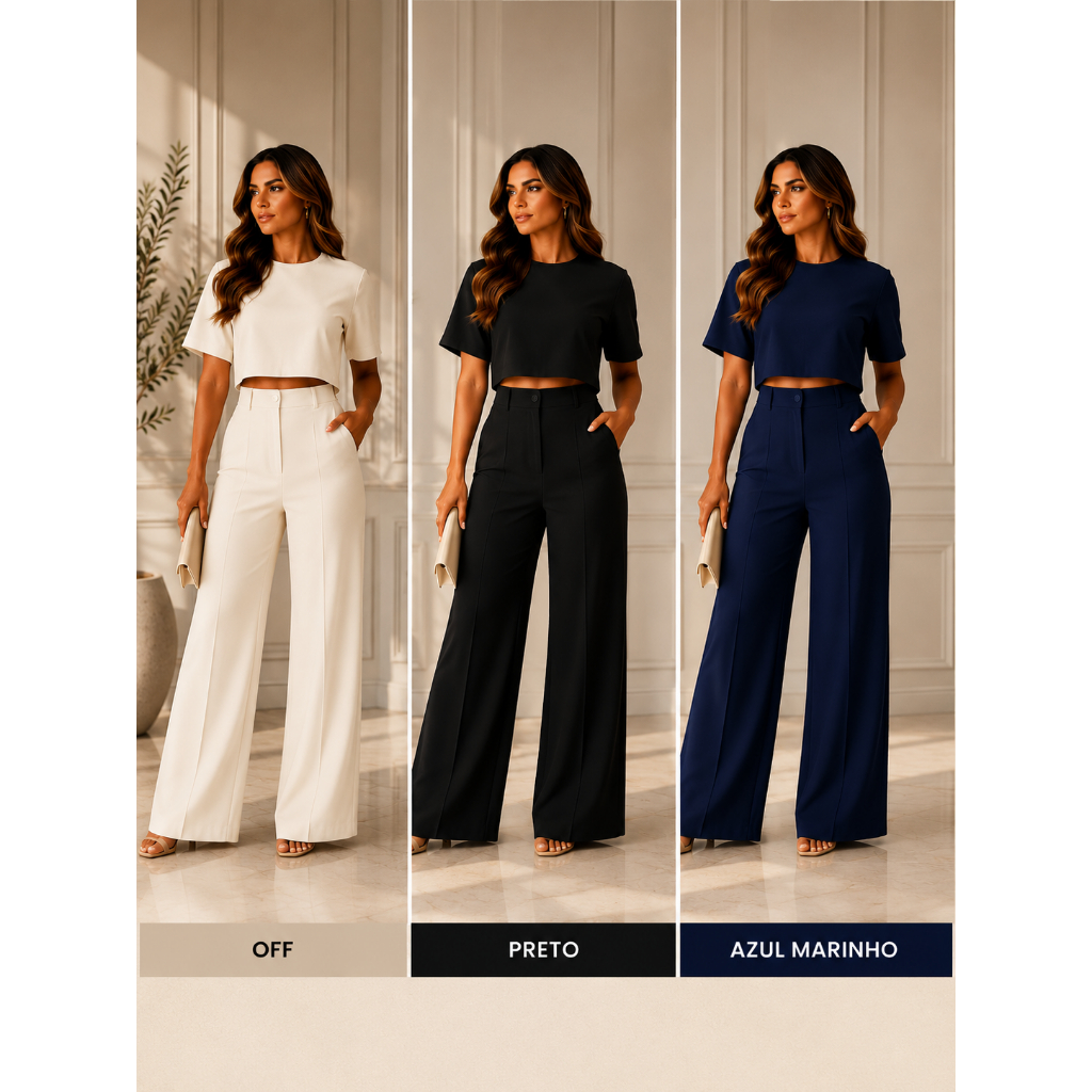 Conjunto Feminina Alfaiataria Pantalona e Blusa Elegante Cintura Alta