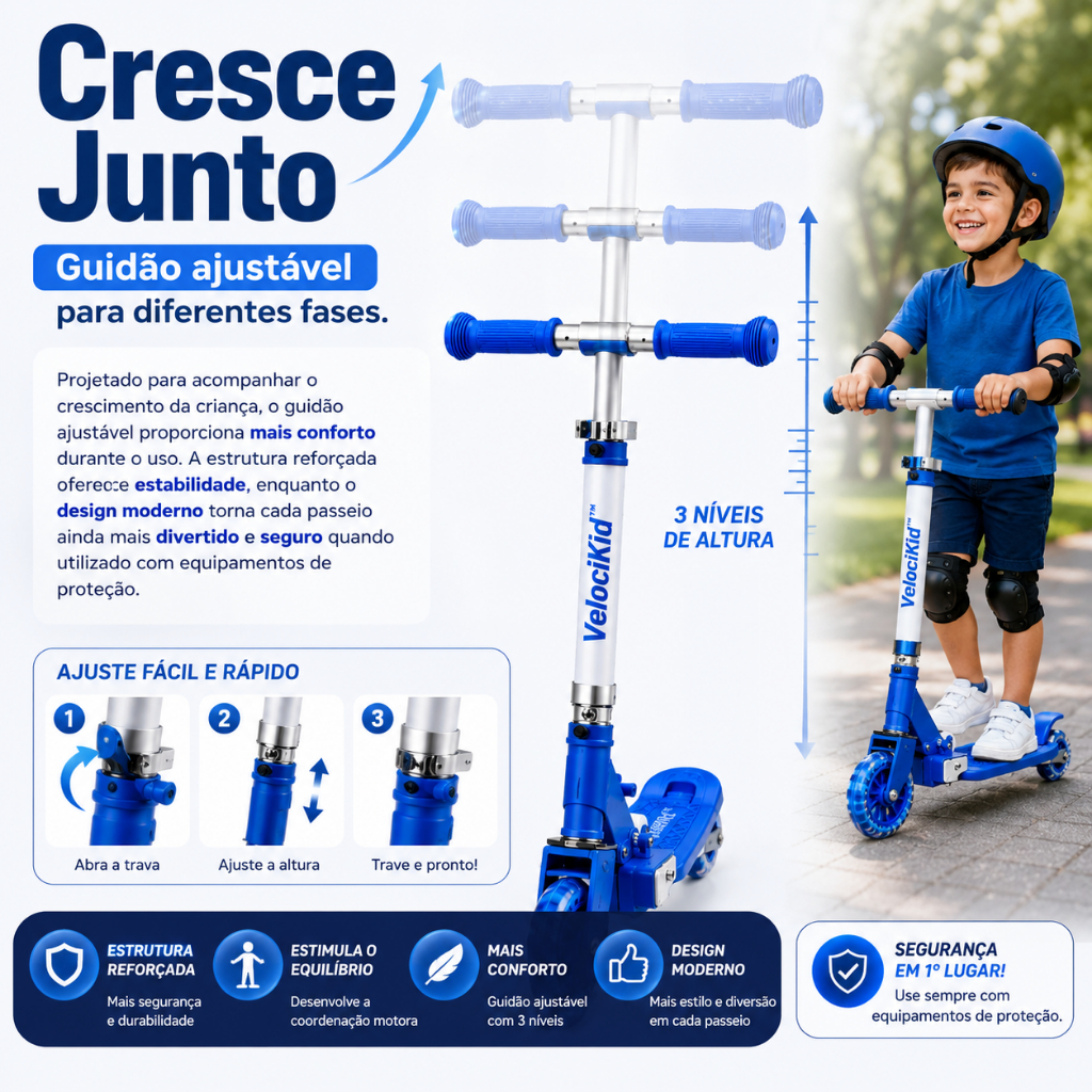 Patinete Infantil Dobrável Ajustável Azul Veículo Criança Leve Seguro Moderno