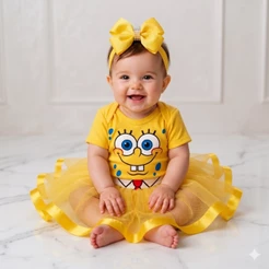 Body Bebê Bob Esponja Menina com Saia Tutu e Laço Roupa Infantil Mesversário