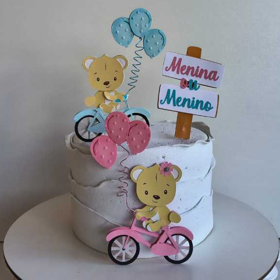 Topo de Bolo Chá Revelação Ursinho na Bicicleta Topper Personalizado Menina ou Menino Decoração Festa
