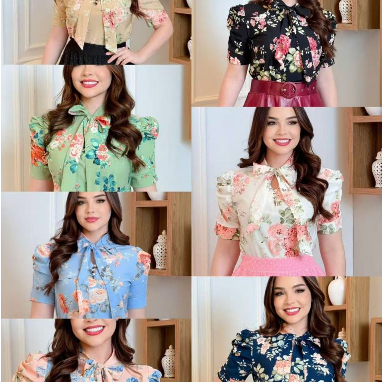 Blusa Feminina Estampado Flor Social Manga Curta Bufante com laçinho Moda evangélica -090