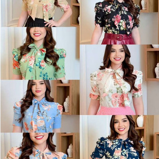 Blusa Feminina Estampado Flor Social Manga Curta Bufante com laçinho Moda evangélica -090