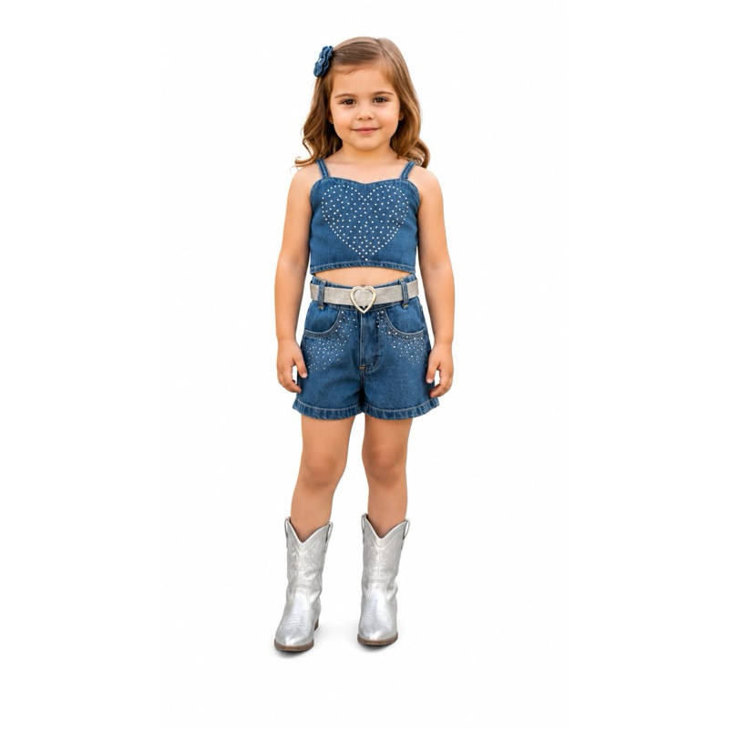 Krica Kids - Conjunto Jeans Infantil Menina Cropped e Short Strass Brilho Premium