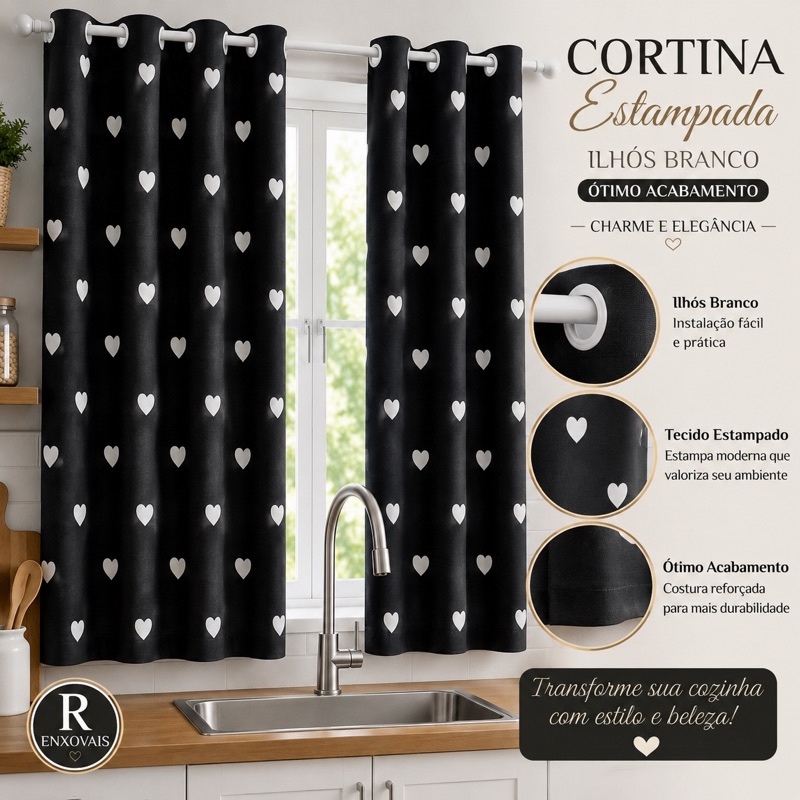 Cortina de Cozinha Sala e Quarto Estampado 2,00x1,20 Até 2,00x2,50 Decoração Estampada