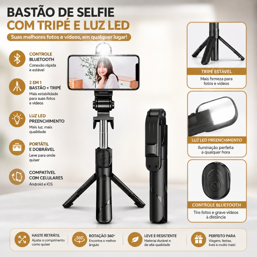Selfie Stick Tripé 2 em 1 com Controle Remoto e Luz LED - Para Fotos e Vídeos em Grupo
