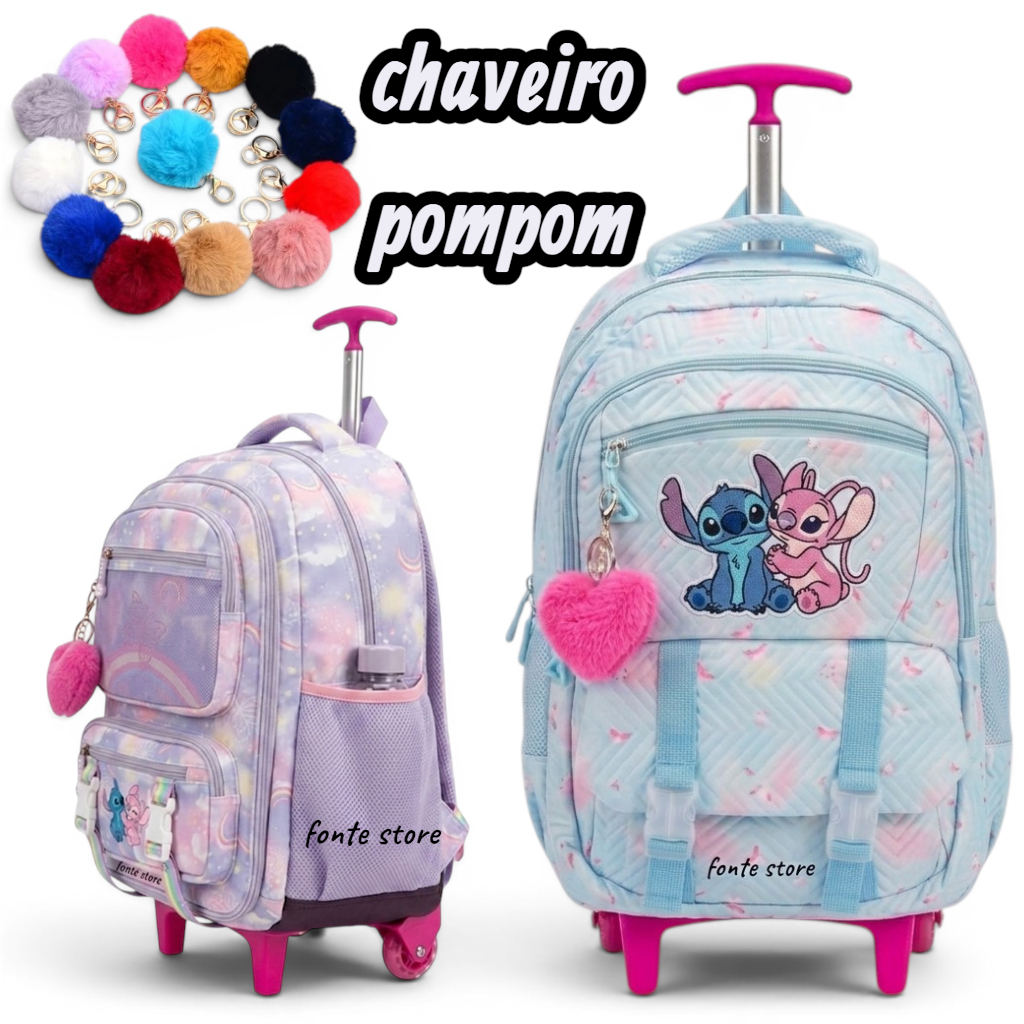 Promoção Mochila Escolar de rodinhas com chaveiro pompom