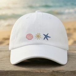 Boné Baseball Branco feminino Concha Sol Estrela do Mar Aba Curva | Estilo Praia Minimalista