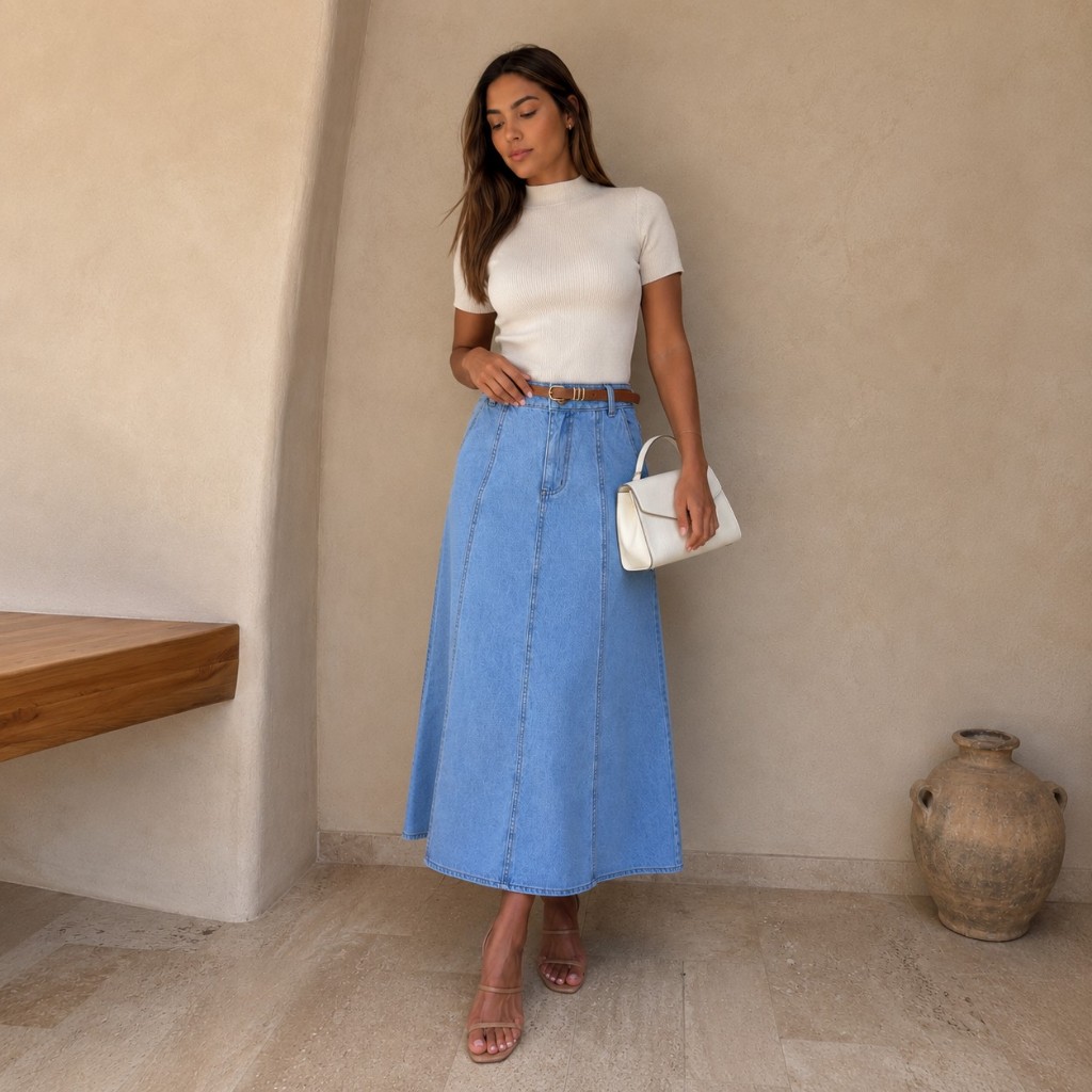 Saia Jeans Midi Evase Marmorizada Feminina Moda Evangelica FORMA PEQUENA — imagem 2 de 2