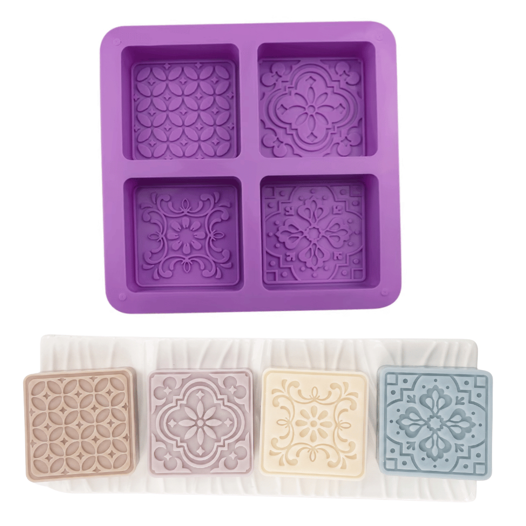 Molde De Silicone Sabonete Artesanal 110g Forma Desenhada Texturizada Arabesco 4 Cavidades Quadrado