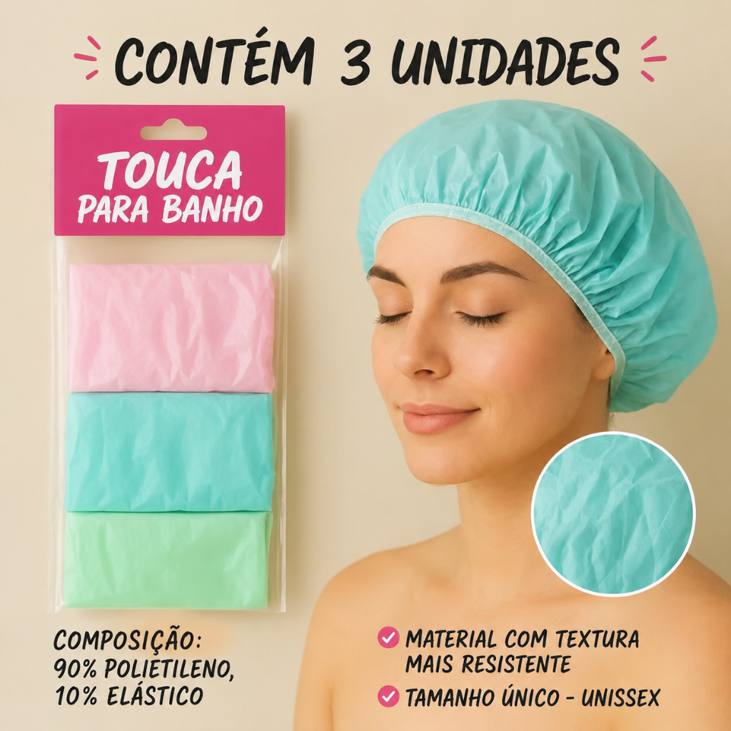 Kit 3 Touca de Banho Plástica Impermeável Unissex Polietileno Elástico Tamanho Único Impermeável