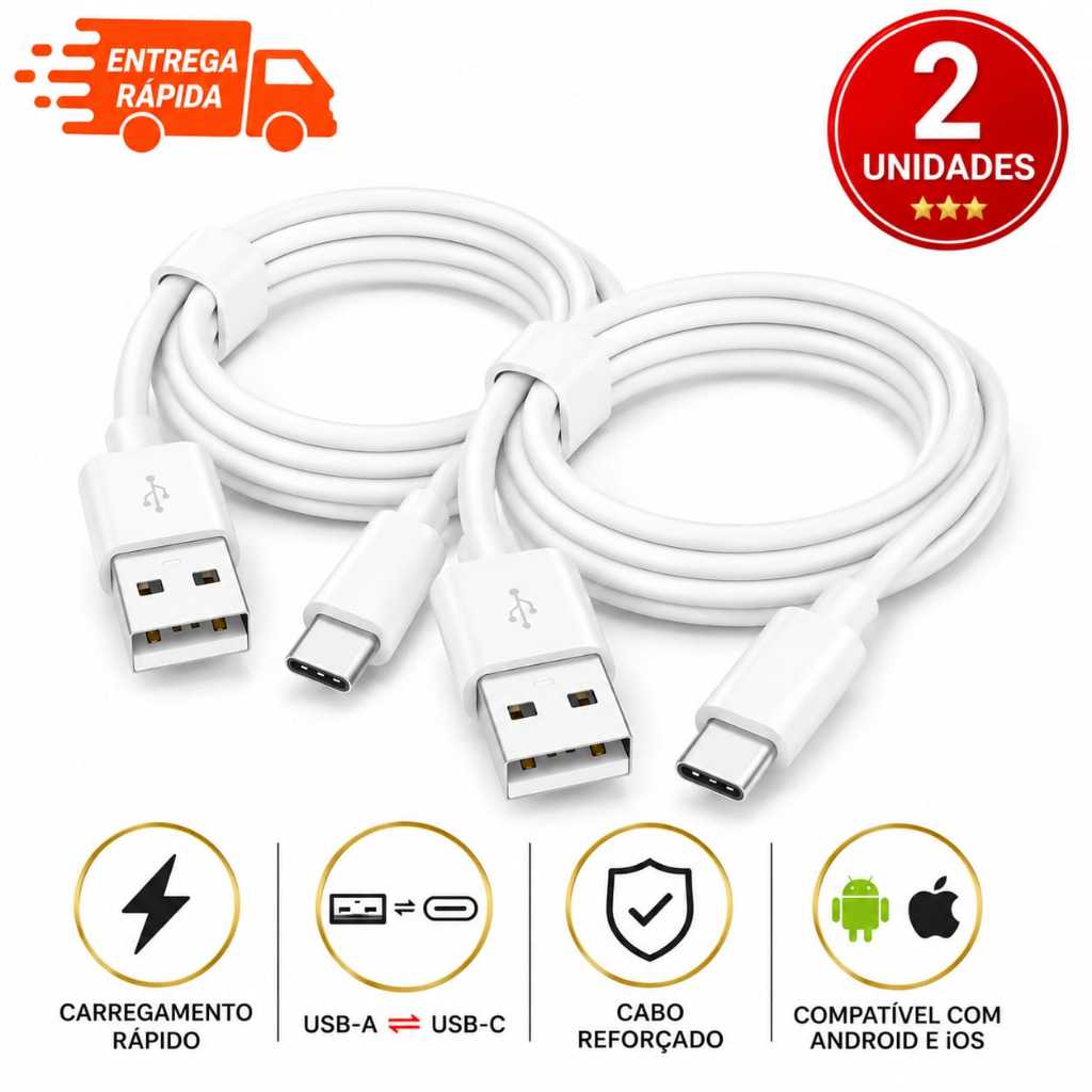 Cabo Tipo C Turbo Samsung KIT 2 unidades USB x Tipo C Reforçado Compatível Iphone 15 16 e 17 Pro Max e Android 1m