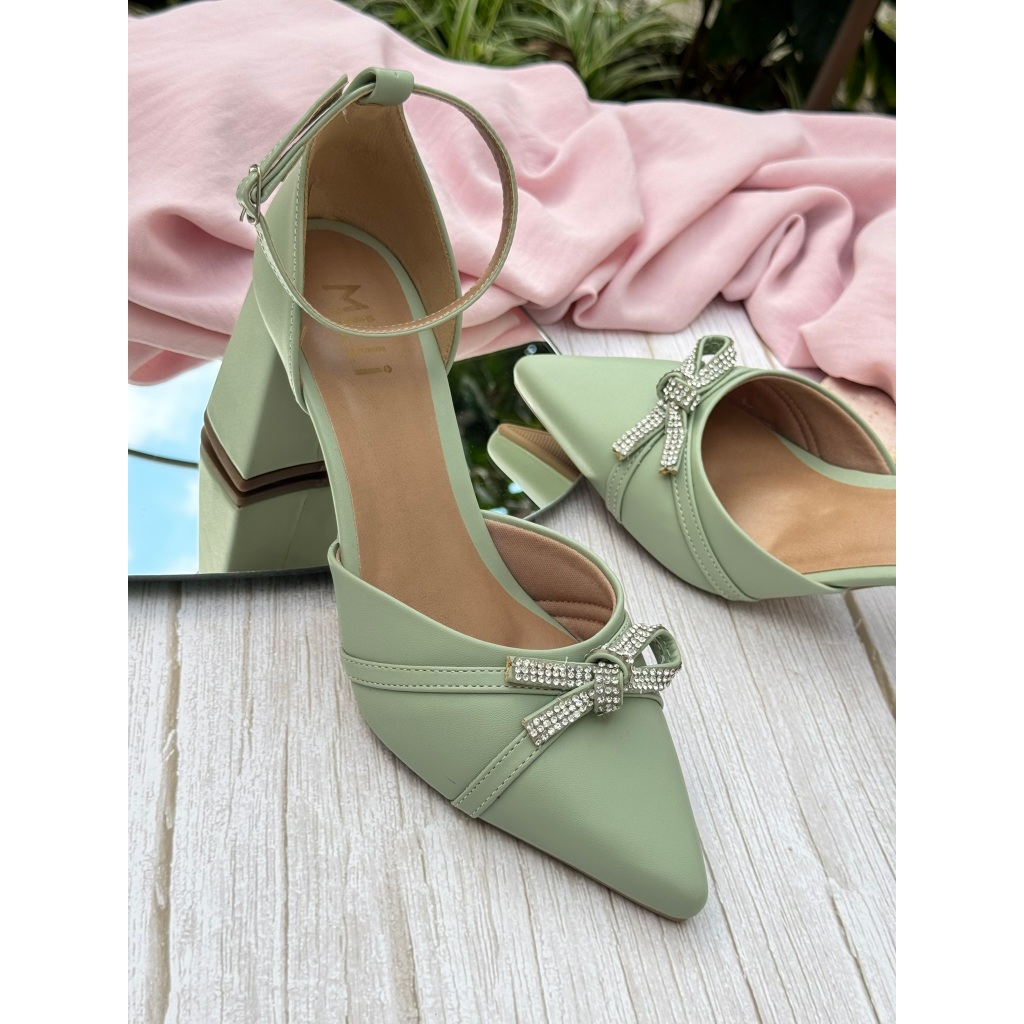Sandália Scarpin Salto Medio Bloco Baixo Laço Brilho Feminino Milli Elegante Festa Verde