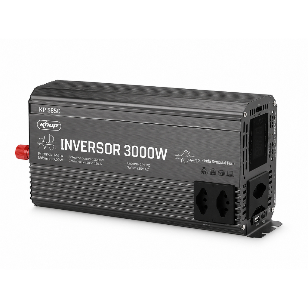 Inversor de Tensão Knup KP585C 3000W Onda Senoidal Pura 12V para 220V Conversor de Energia