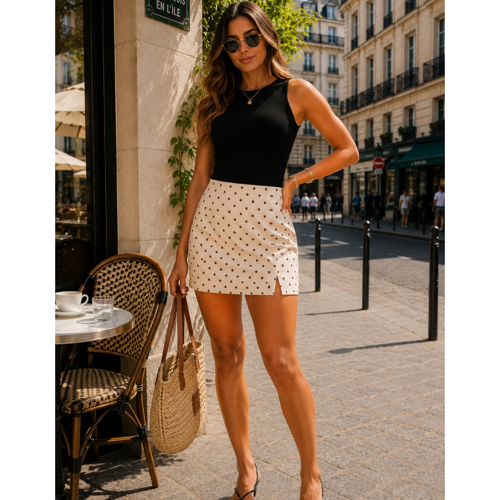 Short Saia Feminino Poá Alfaiataria Cintura Alta Fenda Lateral Elegante Moda Verão Casual