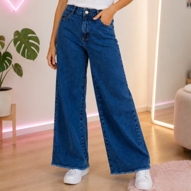 Calça Infantil Jeans Menina Juvenil Wide Leg Cintura Alta Marmorizada Barra Desfiada 100% Algodão