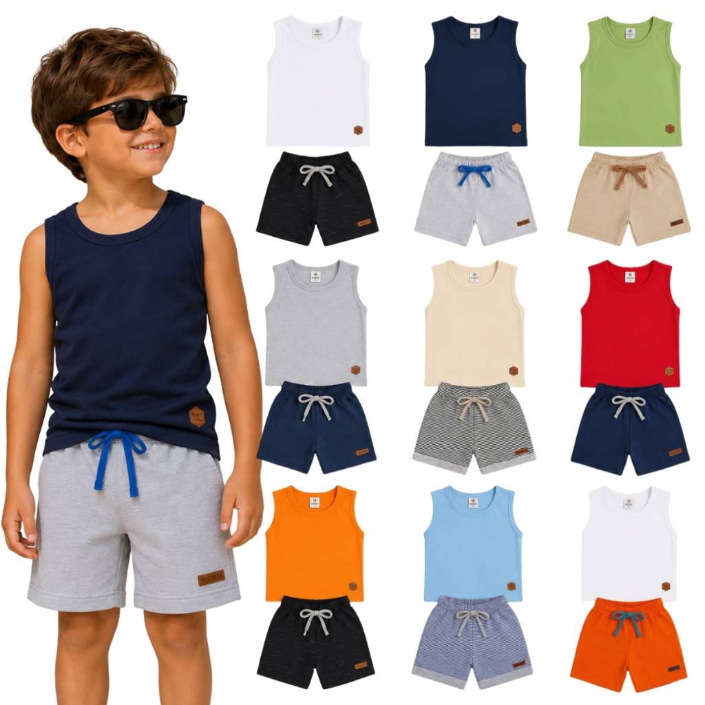 Kit 4 Conjuntos Infantil Menino Verão Premium 100% Algodão Cores Sortida | Roupa Infantil Menino Regata + Bermuda