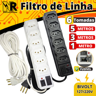 Régua de tomadas com 6 tomadas 0,90cm, 3 e 5 METROS filtro de linha PRETO