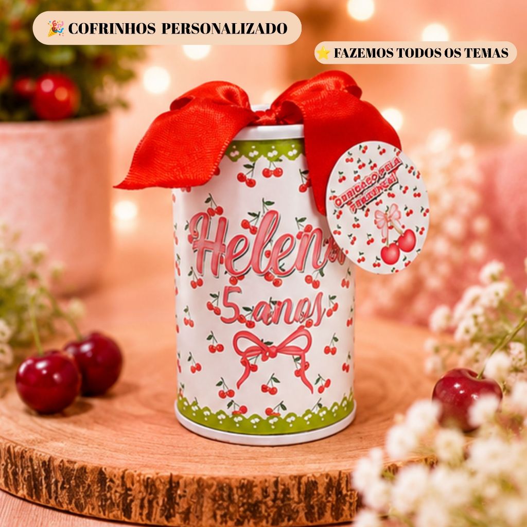 PEGUE E MONTE Kit Cofrinho Personalizado Cerejinha | Lembrancinha Aniversário Infantil | Fazemos Todos os Temas