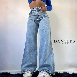 Calça Jeans Feminina Wide Leg Marmorizada Cintura Alta Sem Lycra