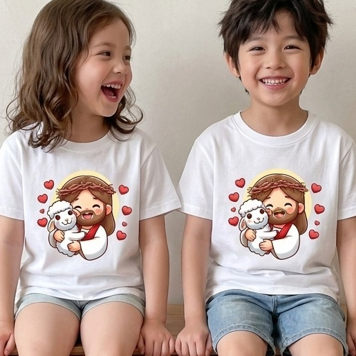 Camiseta Blusa Infantil Menino e Menina Estampa Jesus Cordeirinho Coração Cristã Algodão Casual Top